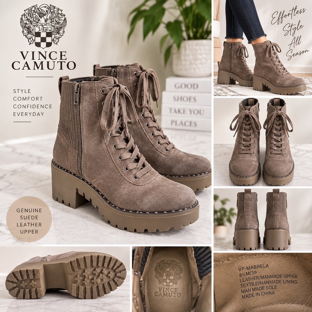 Vince Camuto Mabrela Taupe Suede Lug Sole Combat Boots Size 8.5 M